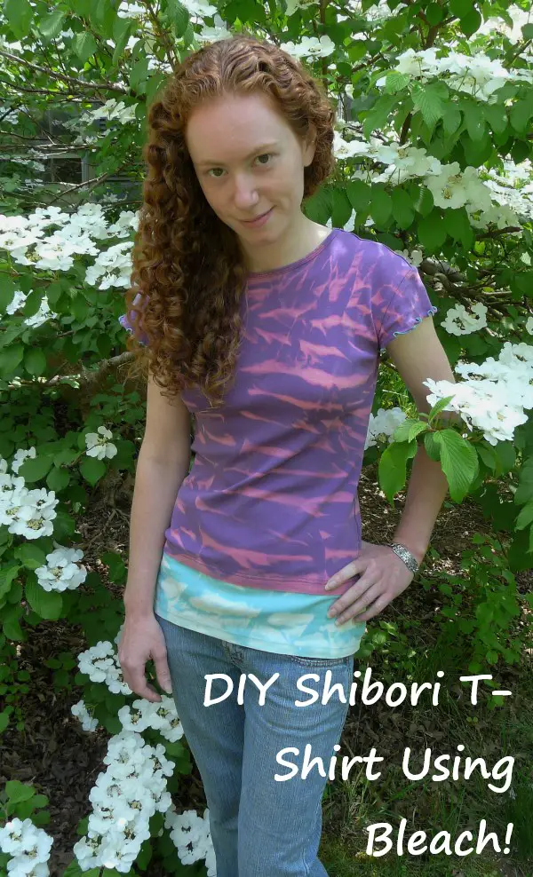 purple and teal t-shirt with bleached pattern and text overlay: DIY Shibori T-Shirt Using Bleach