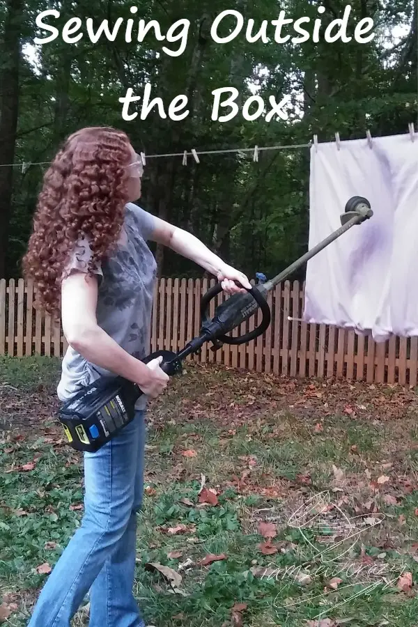 woman ripping fabric with a weed eater with text overlay: sewing outside the box