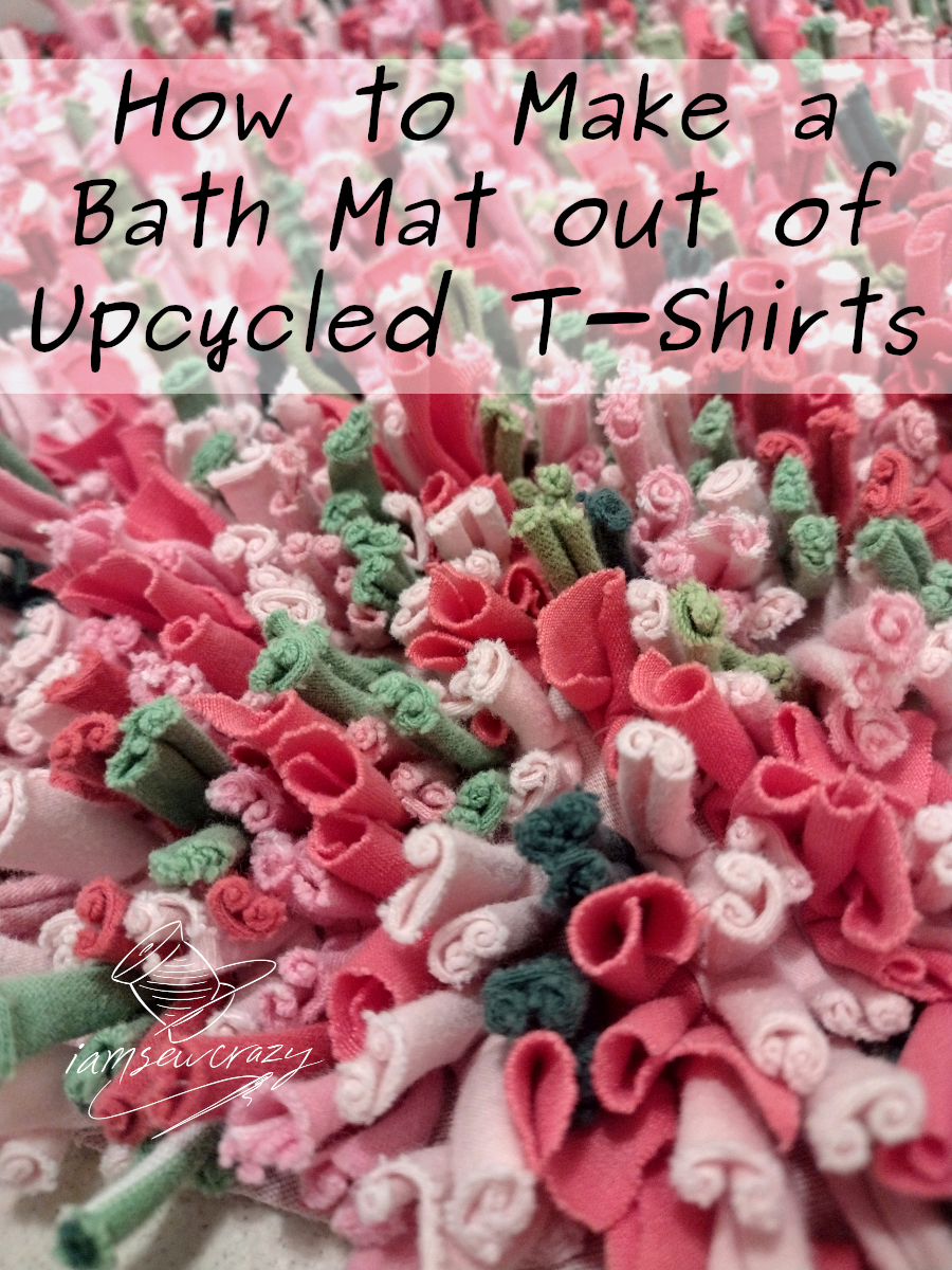 pink and green high-pile bath mat closeup with text overlay: how to make a bath mat out of upcycled t-shirts