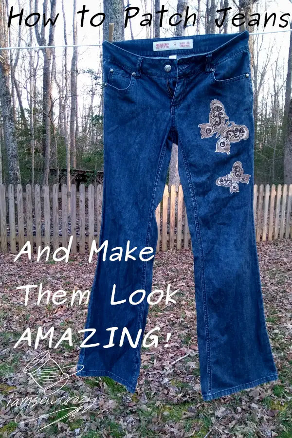 jeans with two butterfly patches hanging on clothesline and text overlay: how to patch jeans and make them look amazing