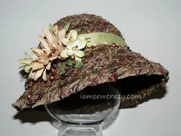 autumn-themed hat made with twisted strips of fabric