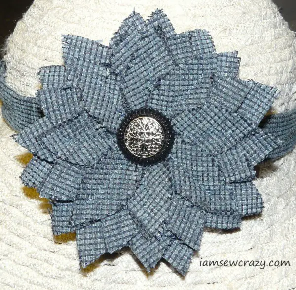 closeup of dark blue fabric flower with pointed petals on a hat band