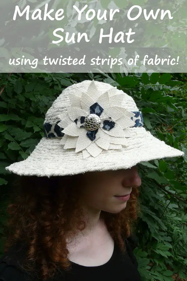 tan sun hat with text overlay: make your own sunhat using twisted strips of fabric