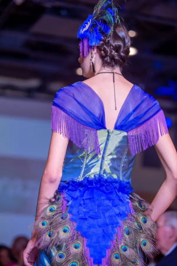 peacock dress with feathers back view