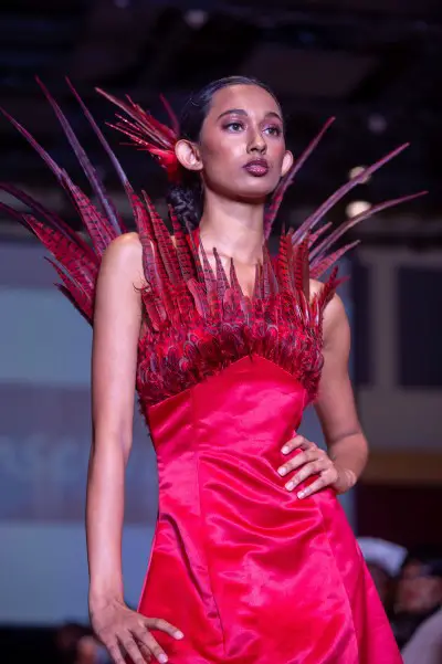 red phoenix dress with feathers applied to look like flames