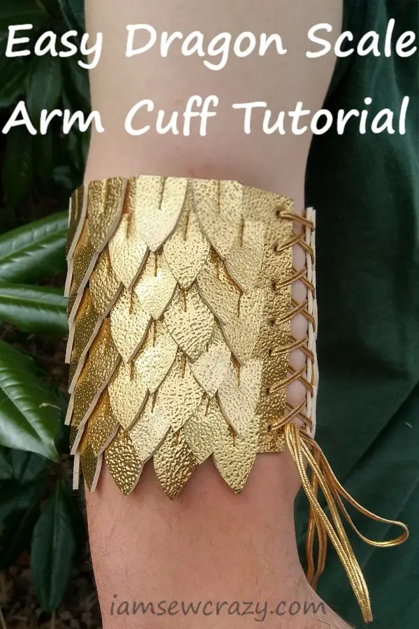 gold dragon scale arm cuff with text overlay: easy dragon scale arm cuff tutorial