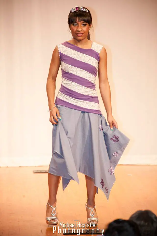 blue handkerchief hem skirt with purple flowers and striped top