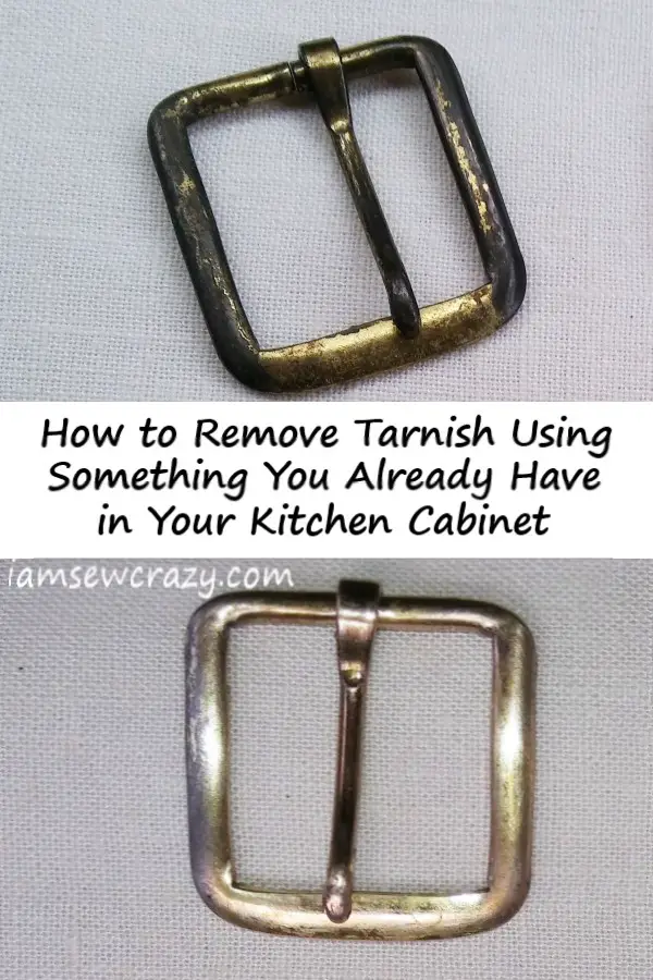 belt buckle with tarnish removed and text overlay: how to remove tarnish using something you already have in your kitchen cabinet