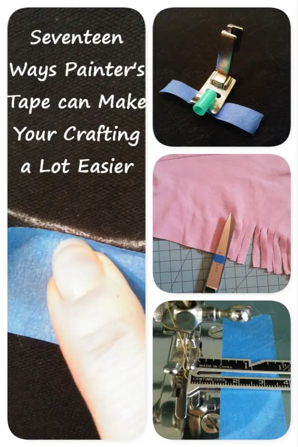 collage of painter's tape being used in crafts with text overlay: 17 ways painter's tape can make your crafting a lot easier