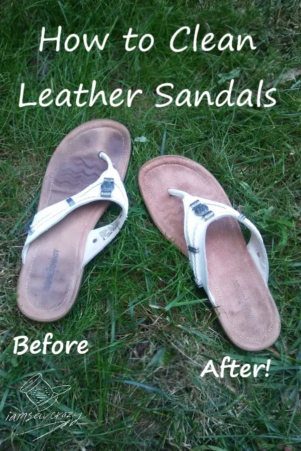 leather sandals, one dirty and one clean, with text overlay: how to clean leather sandals before and after