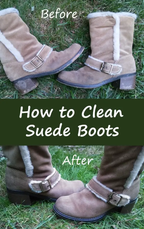 suede boots on grass background with text overlay: how to clean suede boots