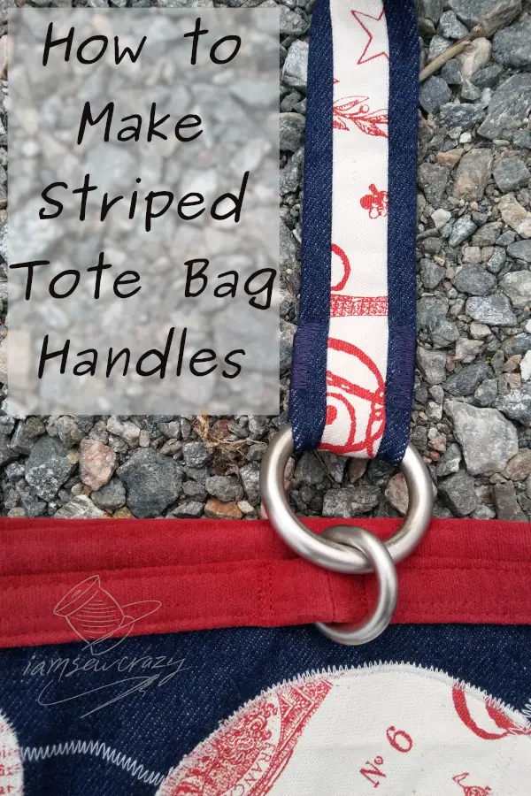 red and blue tote bag with circular pattern and text overlay: how to make striped tote bag handles