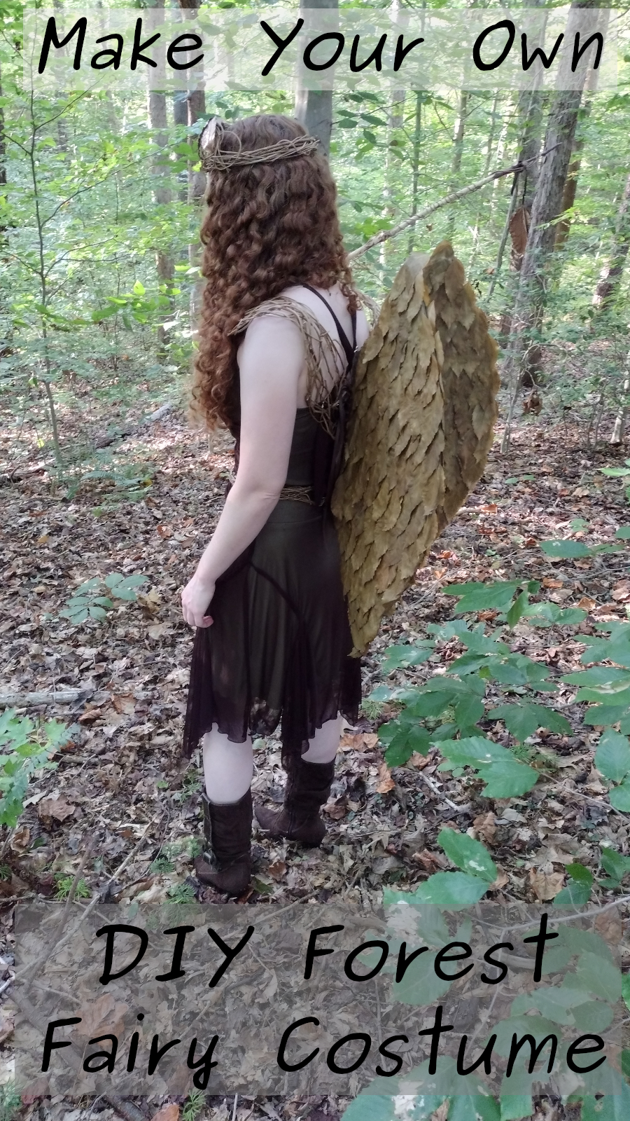 forest fairy wearing boots standing in woods with text overlay: make your own DIY forest fairy costume