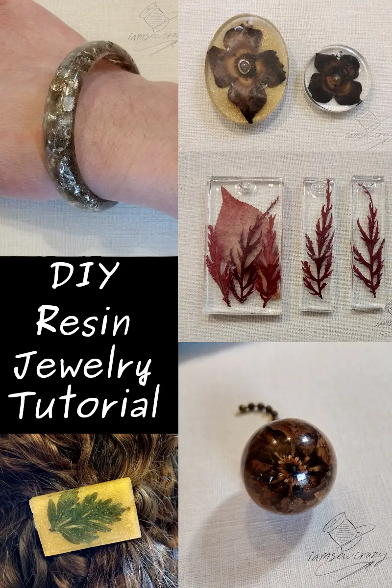photo collage of resin bracelet, sphere, pendants, earrings, and barrette with text overlay: DIY resin jewelry tutorial