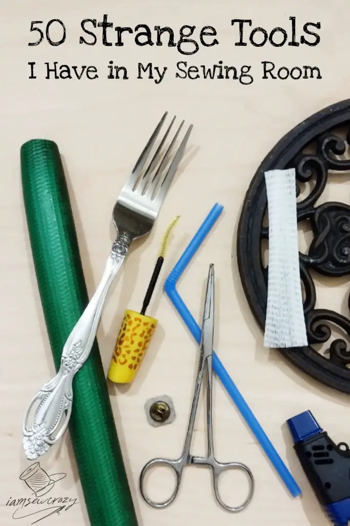 flatlay of unusual sewing tools with text overlay: 50 strange tools I have in my sewing rooom
