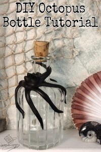 glass bottle with octopus wrapped around it sitting on shelf beside seashells with text overlay: DIY octopus bottle tutorial