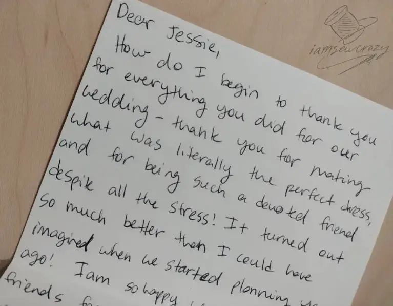 thank you note from bride for restyling her mother's wedding dress
