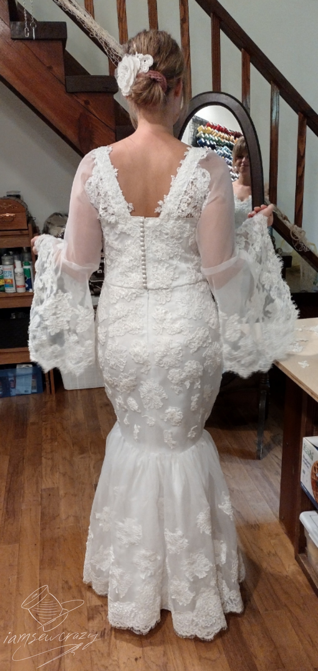 restyled wedding dress back view with removable bell sleeves