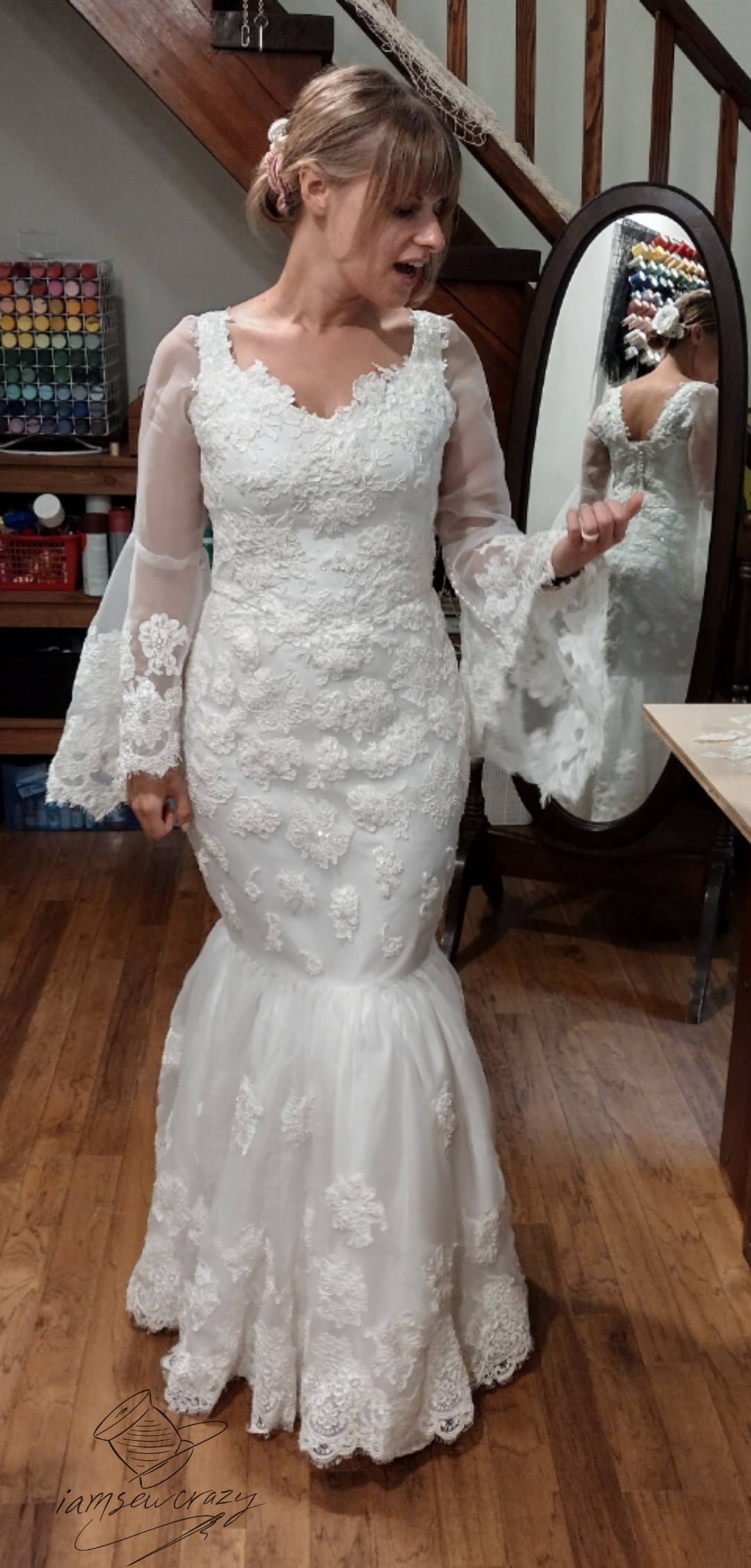 restyled wedding dress front view with removable bell sleeves
