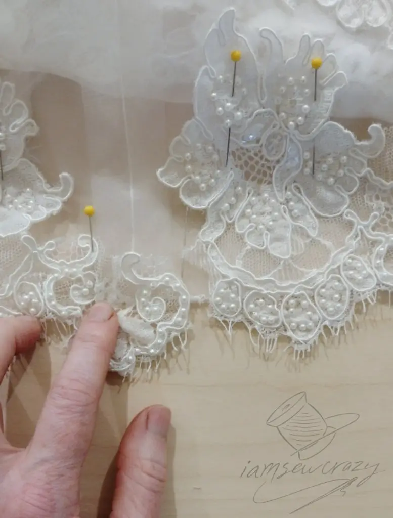 embellishing removable wedding dress sleeves with pearls and lace