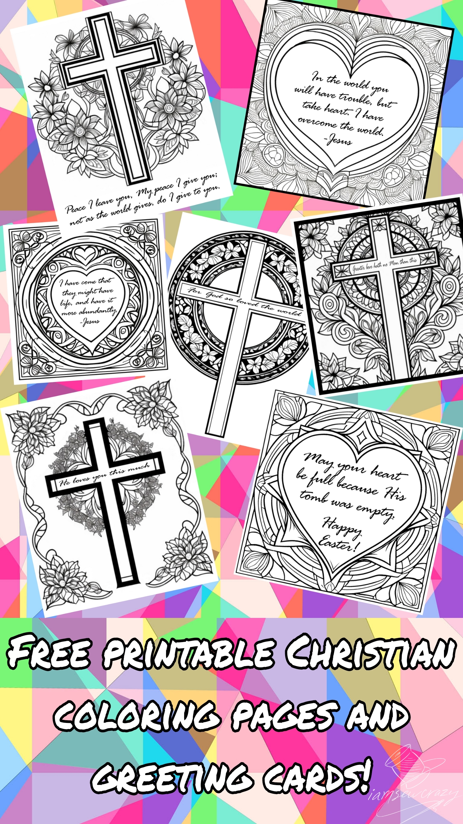 blank coloring pages on a colorful background with text overlay: free printable christian coloring pages and greeting cards