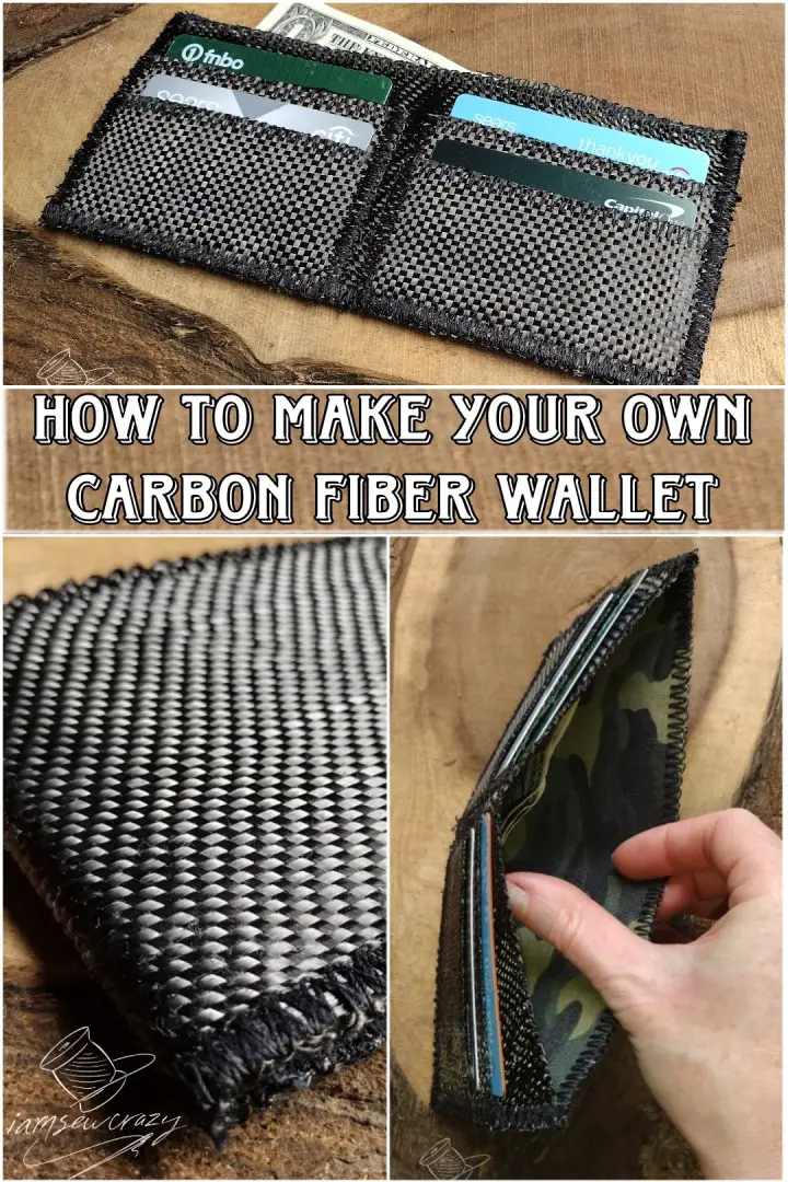 collage of different views of a carbon fiber wallet on slab of walnut wood with text overlay: how to make your own carbon fiber wallet