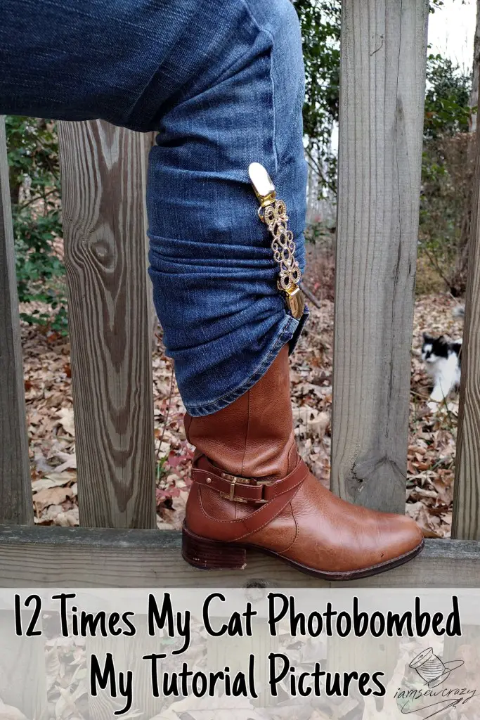 boot resting on fence with cat in background and text overlay: 12 times my cat photobombed my tutorial pictures