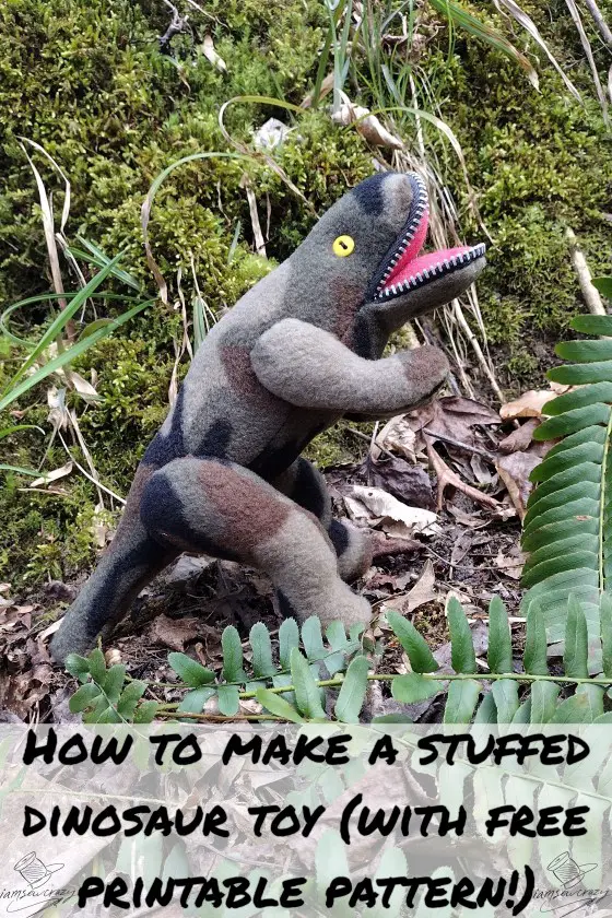 stuffed t-rex standing in front of moss and ferns with text overlay: how to make a stuffed dinosaur toy (with free printable pattern!)