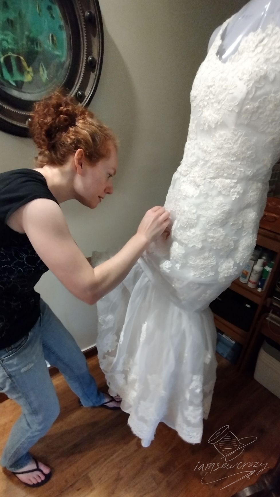 adding lace appliques to a restyled wedding dress