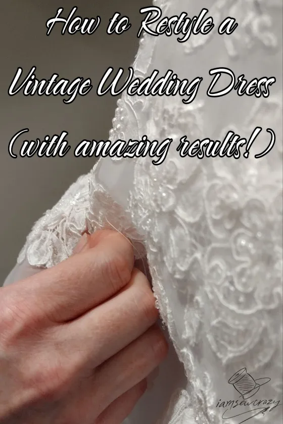 hand sewing lace appliques onto sheer fabric with text overlay: how to restyle a vintage wedding dress (with amazing results!)