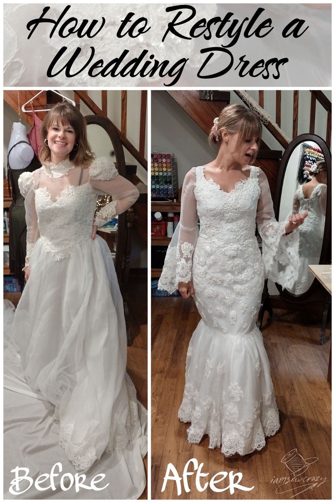 victorian style vintage wedding dress next to mermaid style wedding dress with removable bell sleeves and text overlay: how to restyle a wedding dress