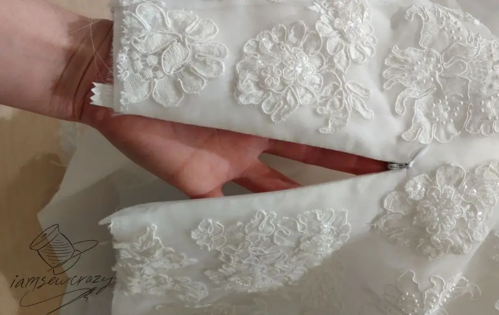 invisible zipper installed in two layers of fabric as part of a wedding dress restyle