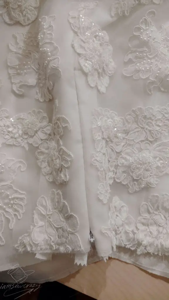 invisible zipper installed in a 3-layer wedding dress