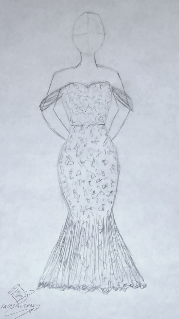sketch of wedding dress with off-the-shoulder straps and a mermaid skirt