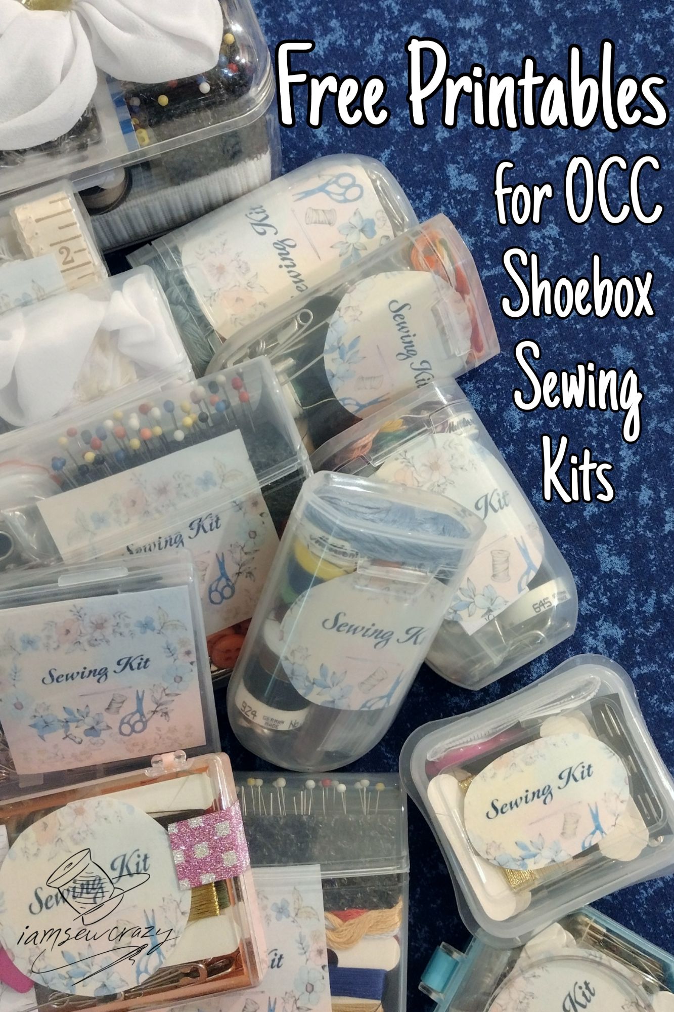 multiple tiny sewing kits with text overlay: free printables for occ shoebox sewing kits