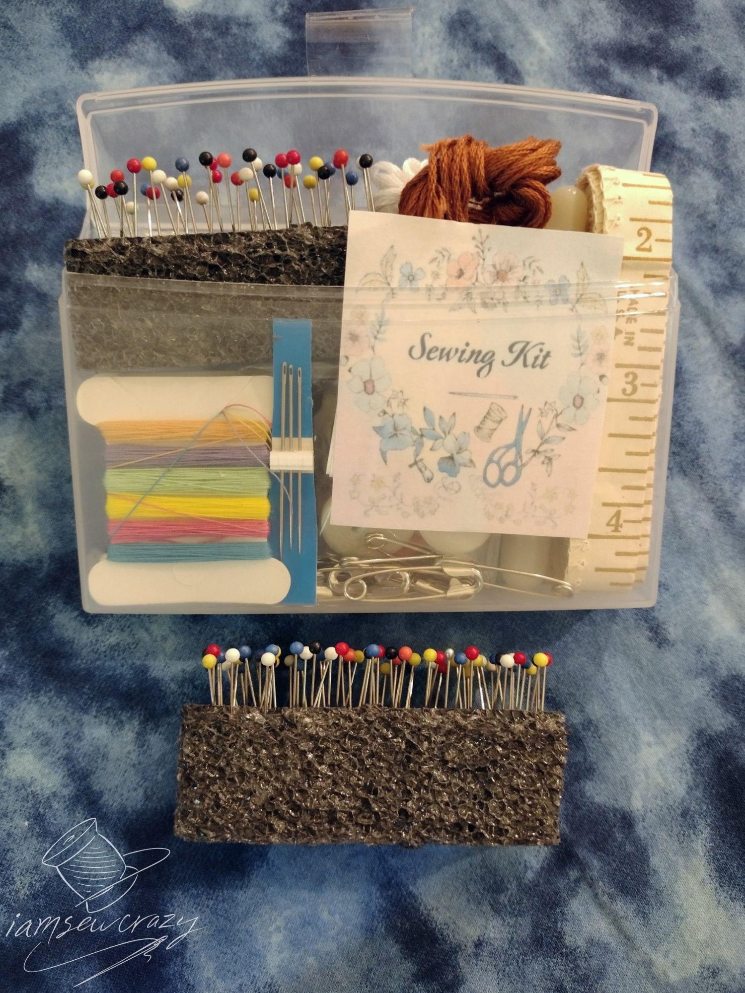 sewing kit for occ shoeboxes using packing foam as a pincushion