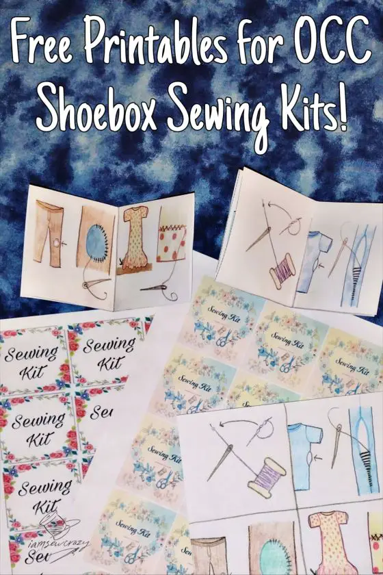 printed sewing kit labels and pictorial hand-sewing instructions on a blue background with text overlay: free printables for OCC shoebox sewing kits!