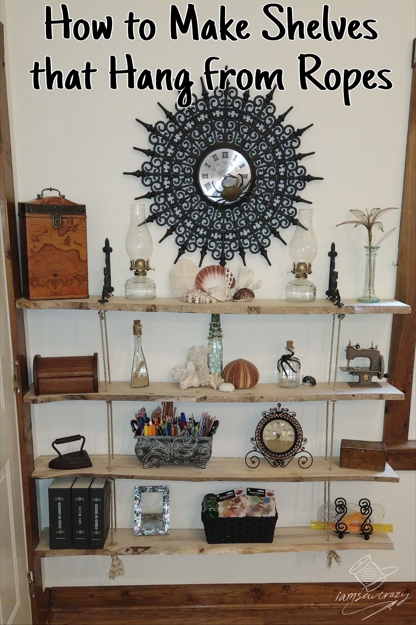 hanging wood and rope shelves with text overlay: how to make shelves that hang from rope