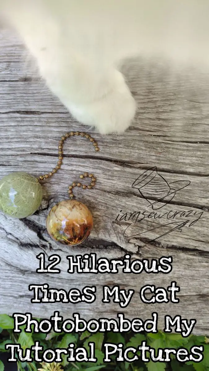 cat paw appearing in picture of resin chain pulls with text overlay: 12 hilarious times my cat photobombed my tutorial pictures